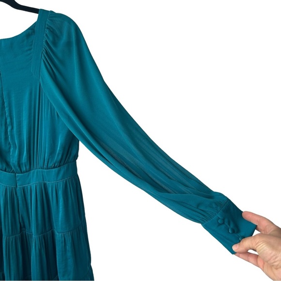 NAKED ZEBRA Teal Blue Faux Wrap Front Tiered Sheer Sleeve Mini Dress Size Medium - Picture 5 of 10